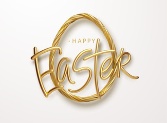 Wall Mural - Modern trendy Golden metallic shiny typography Happy Easter on a background of easter eggs. 3D realistic lettering for the design of flyers, brochures, leaflets, posters and cards Vector illustration