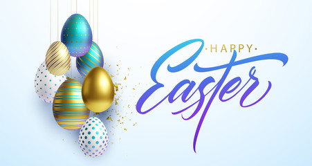 Wall Mural - Happy Easter lettering background with 3D realistic gold, white and blue shiny decorated eggs, confetti. Vector illustration