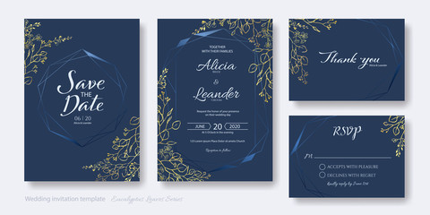 Wall Mural - Set of wedding Invitation card, save the date, thank you, rsvp template. Vector. Golden silver dollar, eucalyptus leaves and flower.