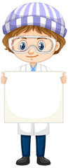 Wall Mural - Boy in science gown holding white board