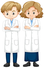 Canvas Print - Girl and boy in science gown standing on white background