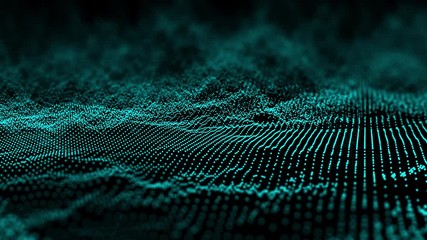 Wall Mural - 4K Abstract dark background with moving loop and flicker particles.Motion graphic Backdrop of ball dot Animation of seamless.Digital green glow wave light loopable.Depth focus and blur footage video.