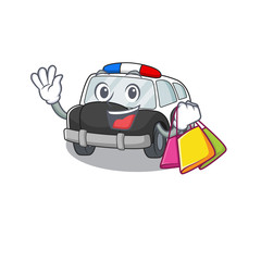 Wall Mural - A friendly rich police car waving and holding Shopping bag