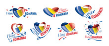 National Flag Of The Romania In The Shape Of A Heart And The Inscription I Love Romania. Vector Illustration