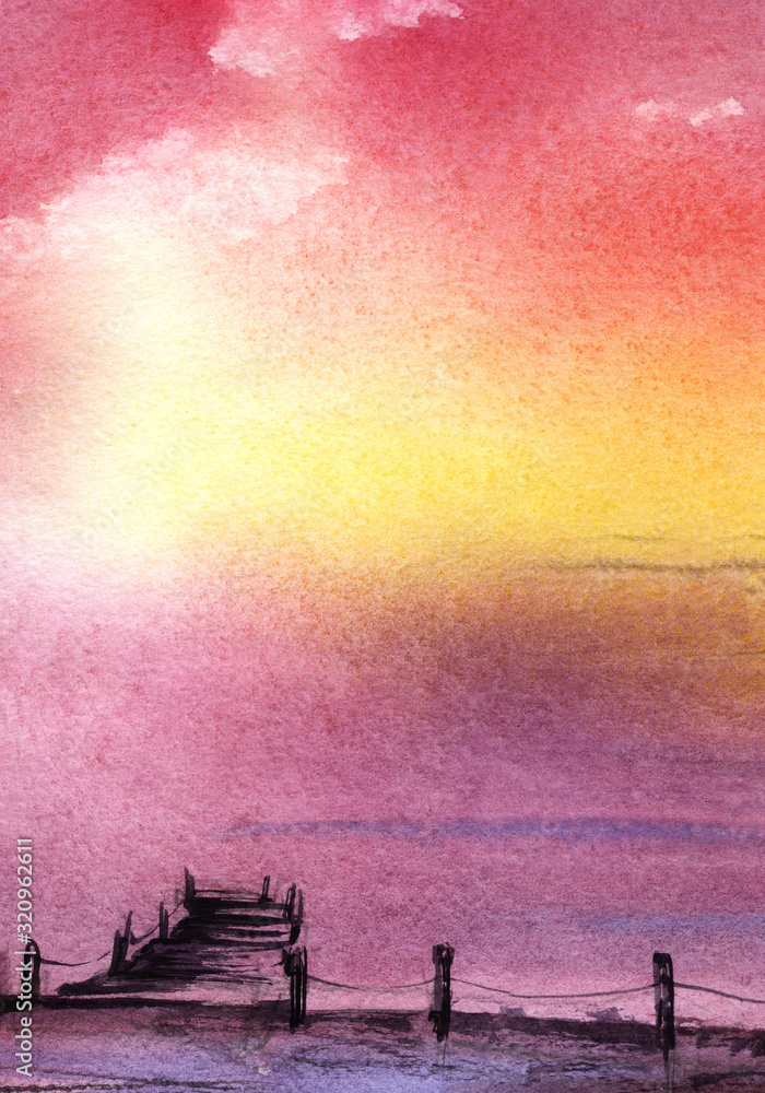 Calm Abstract watercolor landscape with no skyline. The sky merges with the sea. Pink mist over the water. Wooden walkway into the water. Romantic idyllic sunset or sunrise. Hand drawn illustration - obrazy, fototapety, plakaty 