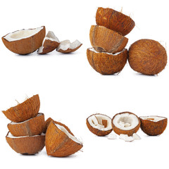 Sticker - Collage of broken coconut pieces isolated on white background