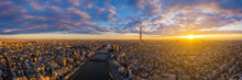 Aerial Panorama View By Drone Of Tokyo Cityscape With Tokyo Sky Tree Visible In Tokyo City, Japan