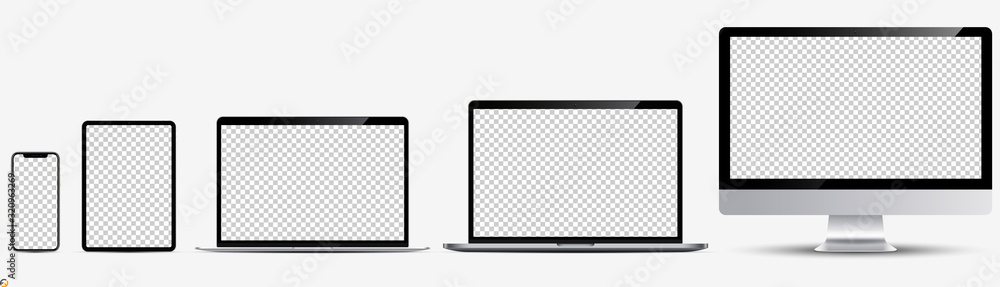 Screen mockup. Smartphone, tablet, laptop and monoblock monitor, with blank screen for you design. Vector illustration Ai 10 - obrazy, fototapety, plakaty 