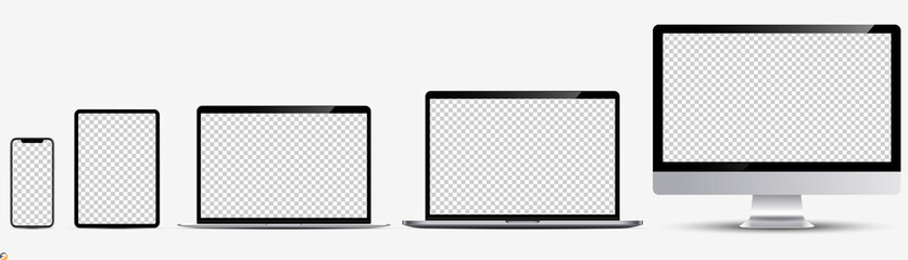 Wall Mural - Screen mockup. Smartphone, tablet, laptop and monoblock monitor, with blank screen for you design. Vector illustration Ai 10