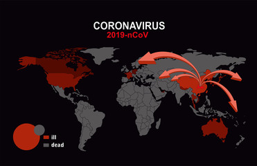 2019-nCoV. China pathogen respiratory coronavirus 2019-nCoV. Flu spreading of world, World map, arrows, floating influenza virus cells. Dangerous chinese ncov corona virus, SARS pandemic risk alert