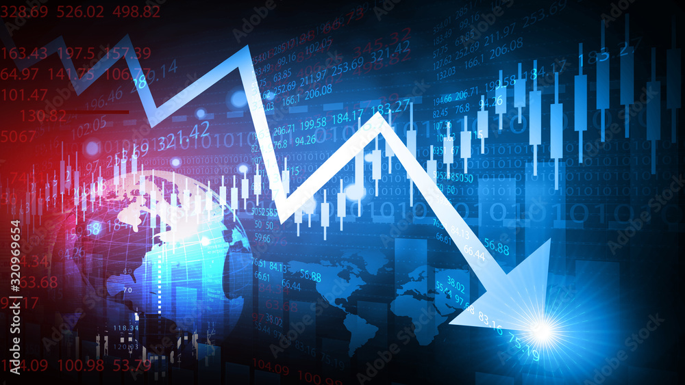 Decreasing arrow shows stock market crash. 3d illustration. - obrazy, fototapety, plakaty 