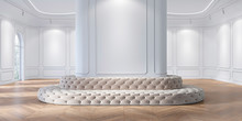Exhibition Hall, Museum, Showroom Classic White Interior With Capitone Upholstery Sofa, Molding, Wall Panel, Wood Floor. 3d Render Illustration Mock Up.