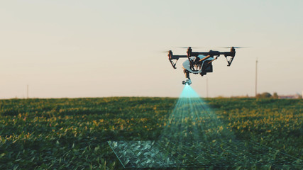 flying smart agriculture drone. artificial intelligence. drone scan agriculture farm. agriculture in