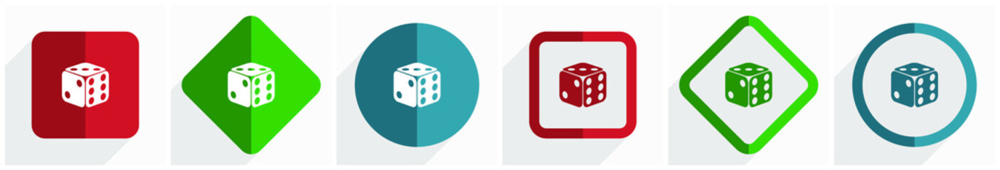 Leinwandbilder - Dice, game, casino icon set, flat design vector illustration in 6 options for webdesign and mobile applications in eps 10