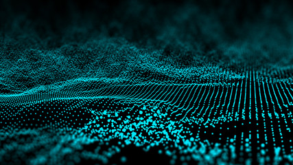 Wall Mural - Abstract dark background with moving loop and flicker particles.Motion graphic Backdrop of ball dot Animation of seamless.Digital green glow wave light loopable.Depth focus and blur illustration