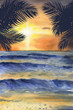 Watercolor sea sunset view with silhouettes of palm branches