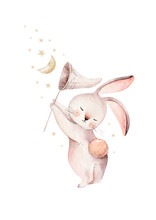 Cute Baby Rabbit Animal Dream Illustration Comet With Gold Stars In Night Sky, Forest Bunny Illustration For Children Clothing. Nursery Wallpaper Poster Woodland Watercolor Hand Drawn Design Poster