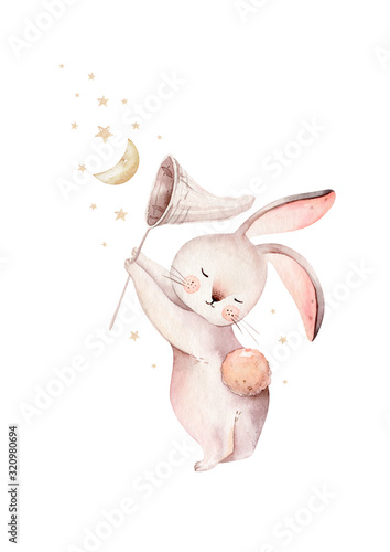 Fotomural Cute baby rabbit animal dream illustration comet with gold stars in night sky, forest bunny illustration for children clothing