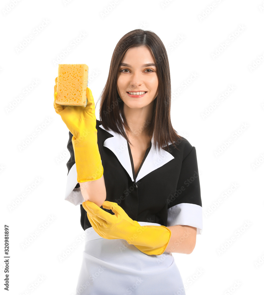 Portrait of beautiful chambermaid on white background