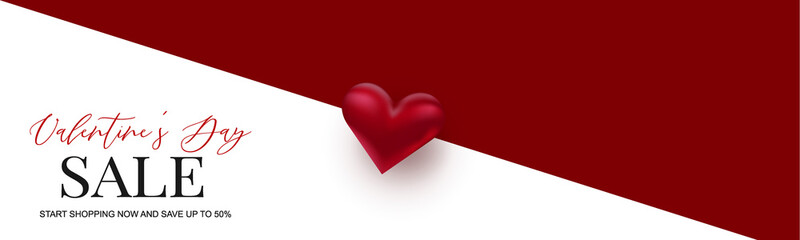 Wall Mural - Valentine's Day sale banner design. Romantic love 3d hears decoration. Design concept for website header or newsletters. Vector illustration.