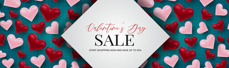 Wall Mural - Valentine's Day sale banner design. Romantic love 3d hears decoration on blue background. Design concept for website header or newsletters. Vector illustration.