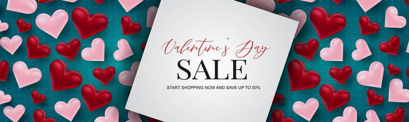 Wall Mural - Valentine's Day sale banner design. Romantic love 3d hears decoration on blue background. Design concept for website header or newsletters. Vector illustration.