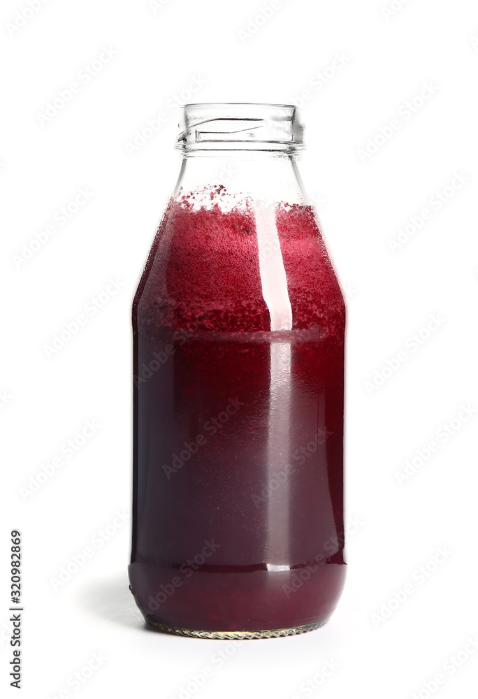 Bottle of fresh vegetable juice on white background