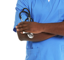 Male African-American nurse on white background, closeup