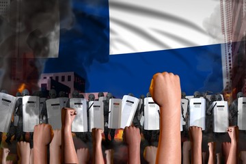 riot stopping concept - protest in Finland on flag background, police swat stand against the protesting crowd -  military 3D Illustration