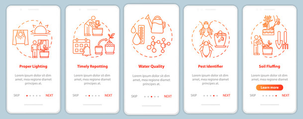 Flowers caring onboarding mobile app page screen with concepts. Regular repotting. Home gardening walkthrough five steps graphic instructions. UI vector template with RGB color illustrations