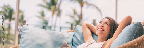 Fotografía Lifestyle relax happy Asian woman on sofa luxury hotel living banner panoramic