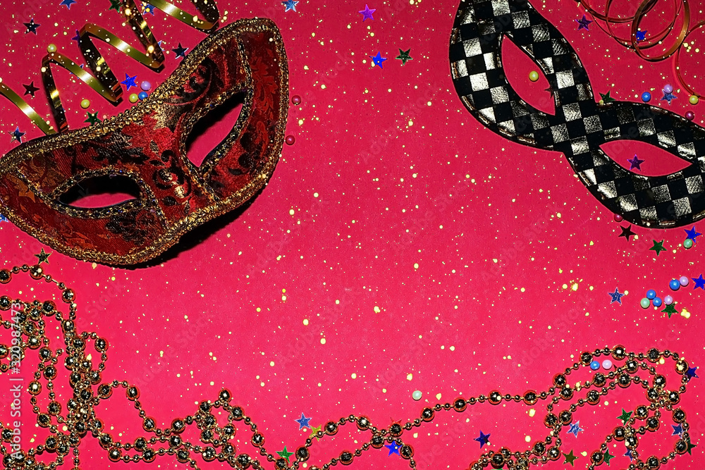 Spring Fesitval Mask Festive masks with decor on a red background. Carnival celebration ...