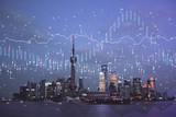 Fototapeta Nowy Jork - Forex chart on cityscape with tall buildings background multi exposure. Financial research concept.