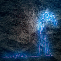 Wall Mural - woman posing with surfboard. vintage surfing graphic for web design. stone surface texture. neon shi