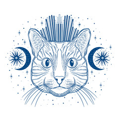 Wall Mural - Mystic magic cat. Portrait face head hand drawn vintage style.Line art ink painting.Graphic design tatoo.