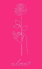 Wall Mural - vector one line illustration of a cute composition in one line style. Human hand with a rose and Love inscription below.