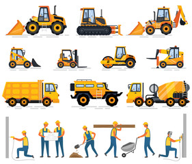 Wall Mural - Construction equipment and people working on building vector. Workmen wearing uniforms, tractor and van, bulldozer and cement mixer, engineers with plan. Special machines for building work