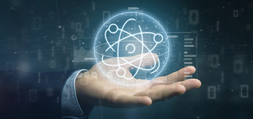 Poster - Businessman holding an atom icon surrounded by data