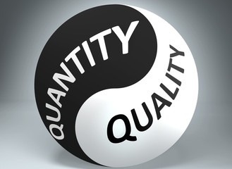 Wall Mural - Quantity and quality in balance - pictured as words Quantity, quality and yin yang symbol, to show harmony between Quantity and quality, 3d illustration