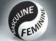 Leinwandbild Motiv Masculine and feminine in balance - pictured as words Masculine, feminine and yin yang symbol, to show harmony between Masculine and feminine, 3d illustration