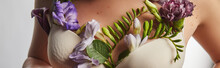 Cropped View Of Girl In Bra With Violet And Purple Flowers On Body Isolated On White, Panoramic Shot