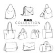 Doodle set of Bag Collection – Hobo, Quilted Bag, Backpack, Shopper, Satchel, Bucket Bag Tote Bag, Crossbody, Barrel Bag, Clutch, hand-drawn. Vector sketch illustration isolated over white background