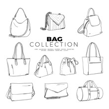 Doodle Set Of Bag Collection – Hobo, Quilted Bag, Backpack, Shopper, Satchel, Bucket Bag Tote Bag, Crossbody, Barrel Bag, Clutch, Hand-drawn. Vector Sketch Illustration Isolated Over White Background