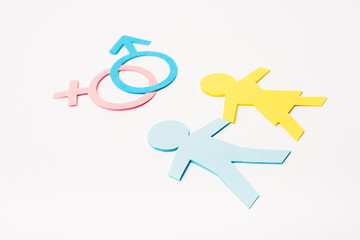 Wall Mural - paper cut people near gender signs isolated on white, sexual equality concept