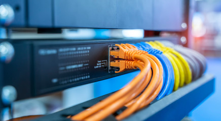 network cable connecting on network core switch close up