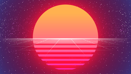 Wall Mural - 80s Sun Background. Retro Future Sunset Banner. Big Neon Sun. Synthwave Backdrop. Retrowave Style. Party flyer, poster, print template. 80s Sci-fi Vector Illustration