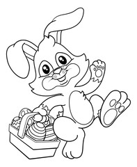 Poster - Easter bunny rabbit cartoon character holding a basket full of painted Easter eggs. In black and white outline