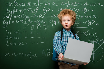 Wall Mural - surprised kid holding laptop near chalkboard with mathematical formulas