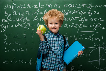 Wall Mural - cheerful kid holding apple and book near chalkboard with mathematical formulas