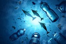 Dolphins Swimming In An Ocean Filled With Microplastics And Plastic Waste. Ocean Water Pollution Concept. 3D Illustration.